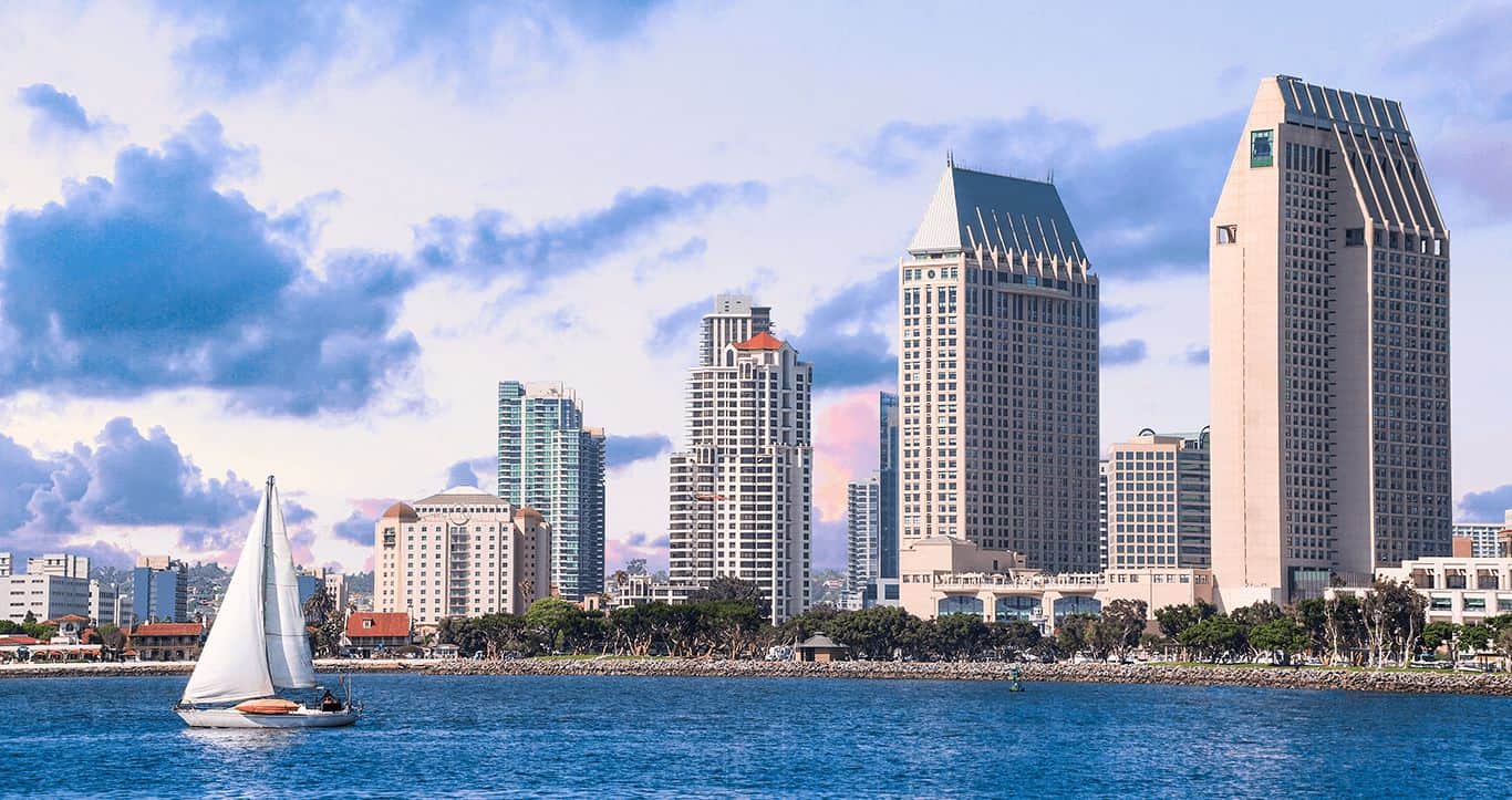 Sailboat on San Diego Bay in front of the downtown skyline